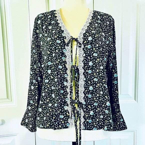 Allegra K Long Sleeve Blue Floral Blouse, Tie Closure (XL) NWT - Picture 6 of 14